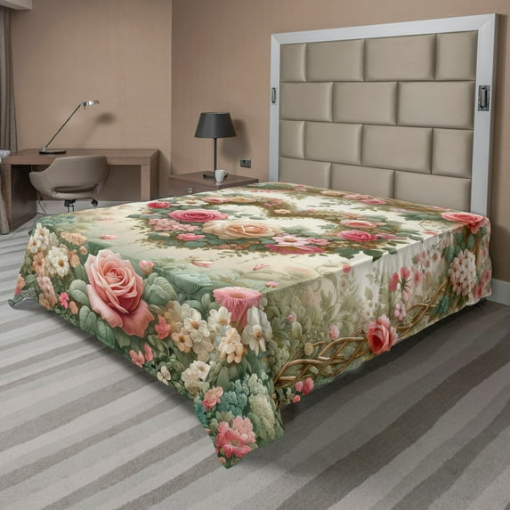 Ambesonne Floral Heart Flat Sheet, Tender Medieval Garden, California King, Laurel Green and Pink