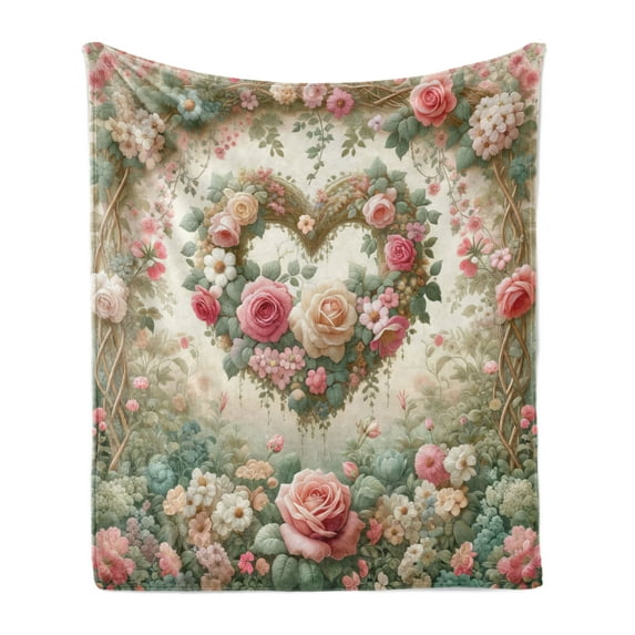 Ambesonne Floral Heart Fleece Throw Blanket Tender Medieval Garden 70"x90" Laurel Green and Pink