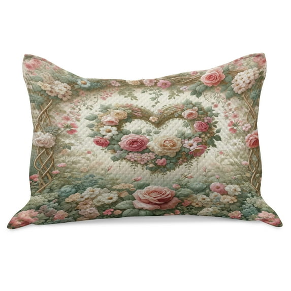 Ambesonne Floral Heart Knitted Quilt Pillowcover, Tender Medieval Garden, 36"x20", Laurel Green and Pink
