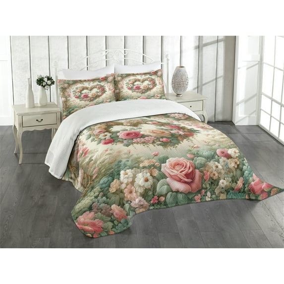 Ambesonne Floral Heart Quilted Bedspread Set 3 Pcs, Tender Medieval Garden, Queen Size, Laurel Green and Pink