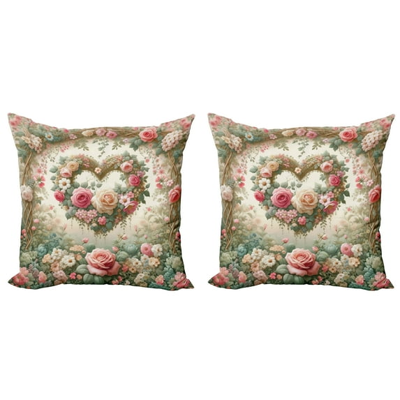 Ambesonne Floral Heart Throw Pillow Cover 2 Pack, Tender Medieval Garden, 20", Laurel Green and Pink