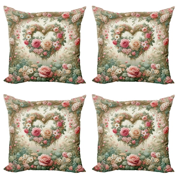 Ambesonne Floral Heart Throw Pillow Cover 4 Pack, Tender Medieval Garden, 18", Laurel Green and Pink