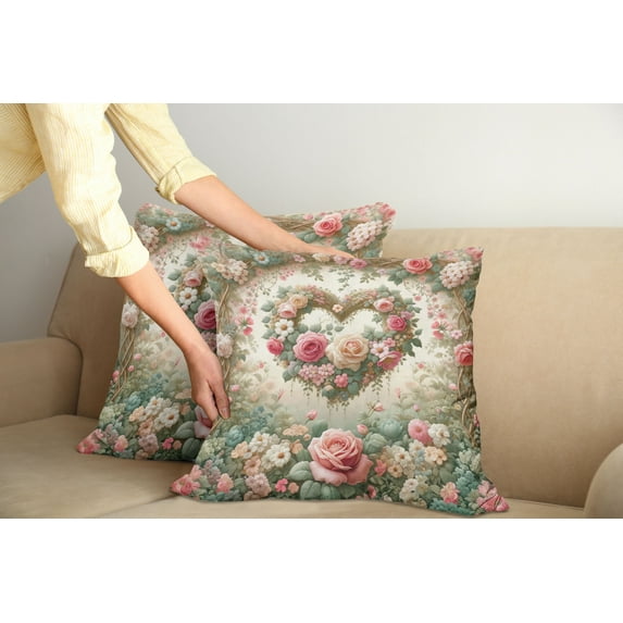 Ambesonne Floral Heart Throw Pillow Cover Pack of 2, Tender Medieval Garden, 2 Pcs-18"x18", Laurel Green and Pink