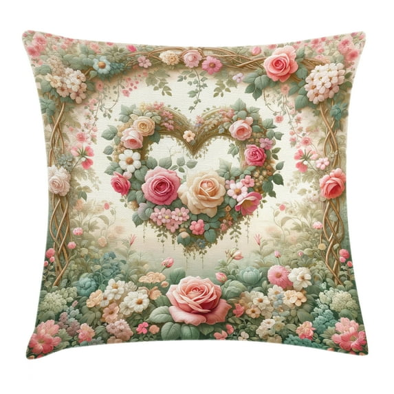 Ambesonne Floral Heart Throw Pillow Cushion Cover, Tender Medieval Garden, 28" X 28", Laurel Green and Pink