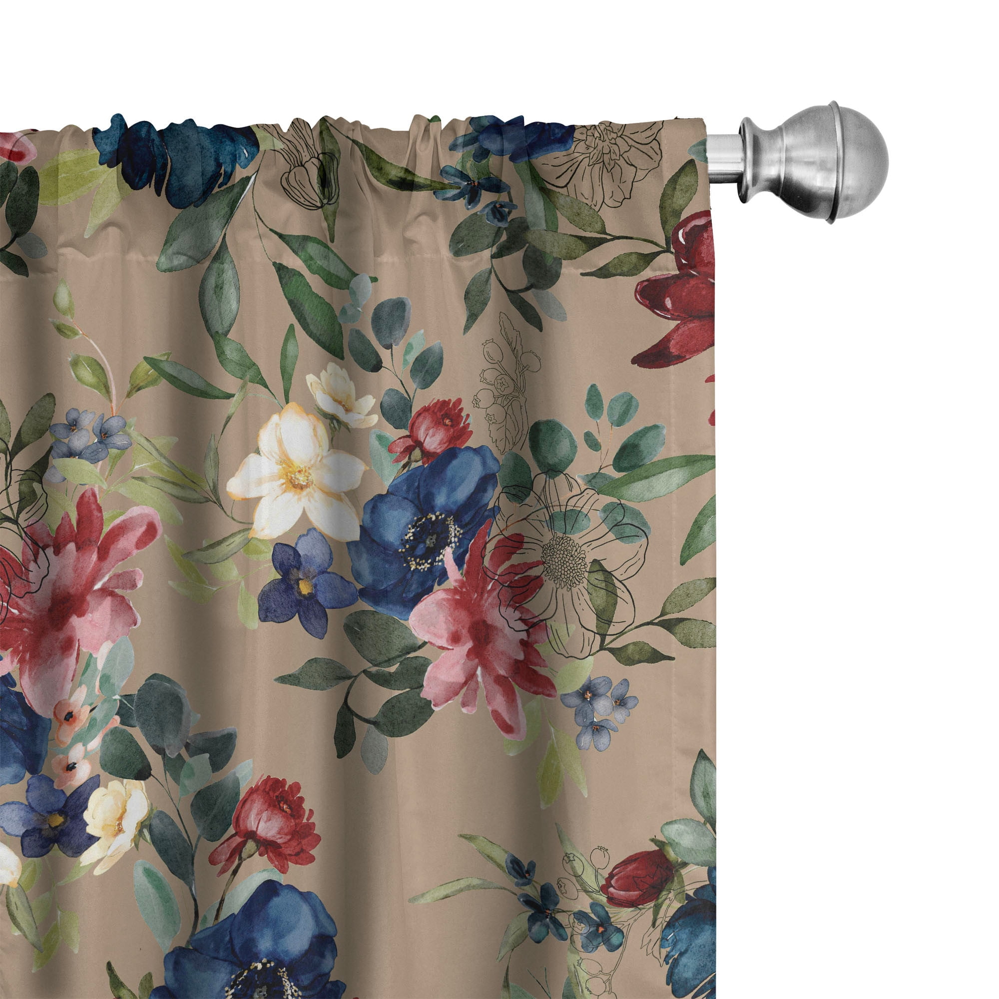 Floral Beige and Blue Microfiber Sheer Curtain Panels