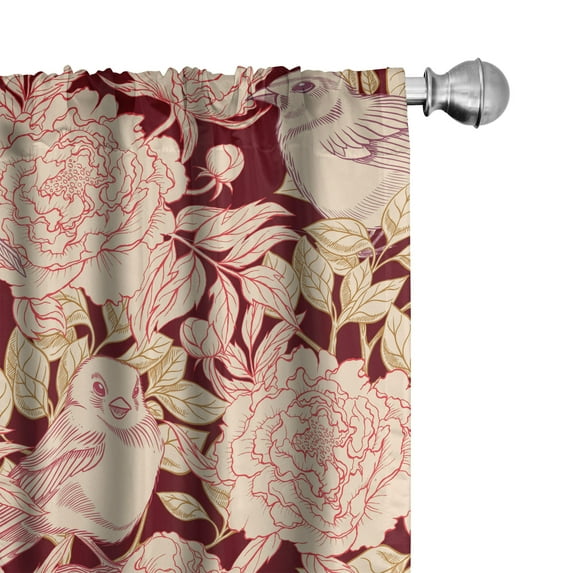 Ambesonne Floral Inspiration Curtains, Robins in Garden, Pair of 28"x95", Champagne Maroon Coral