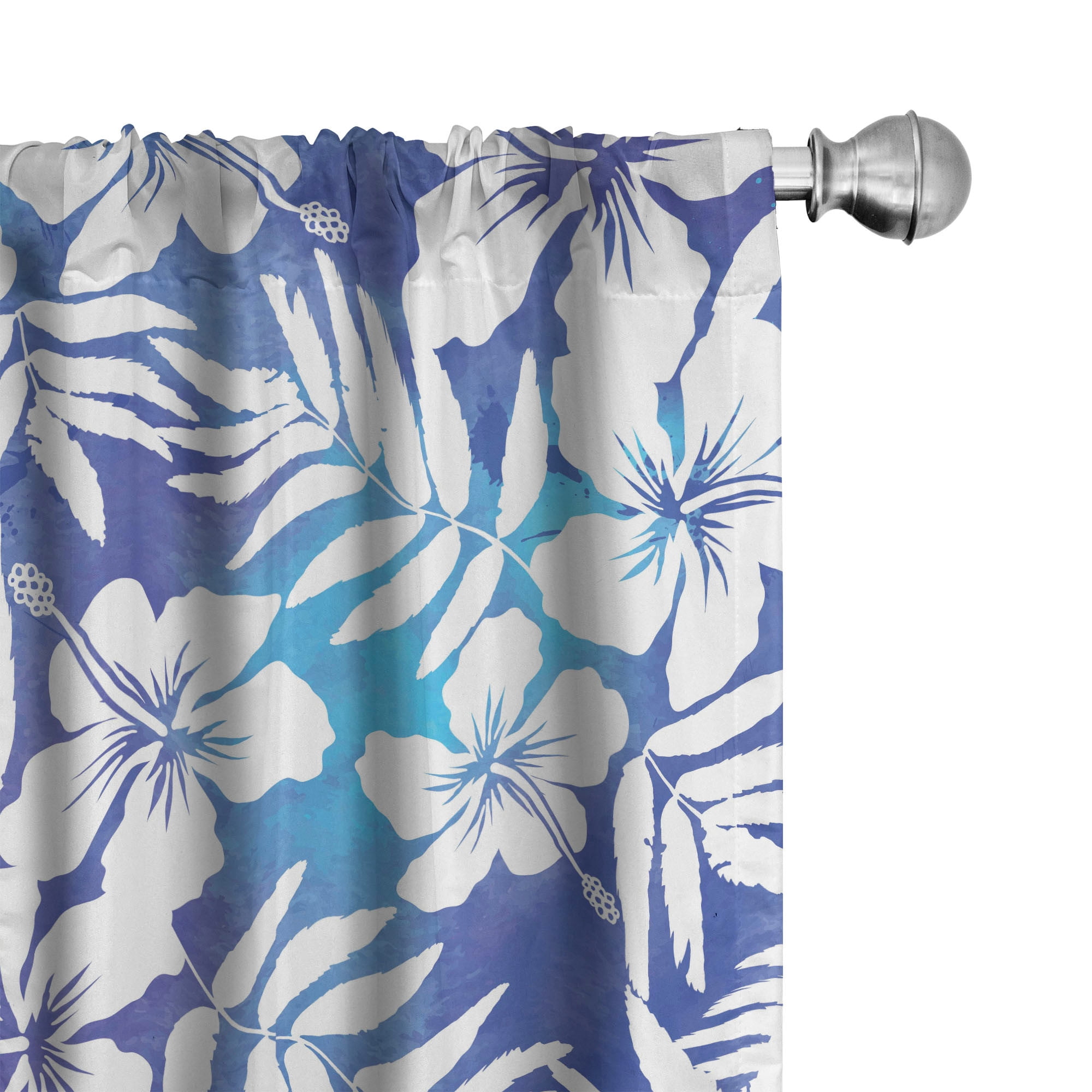 Blue and White Floral Microfiber Sheer Rod Pocket Curtains
