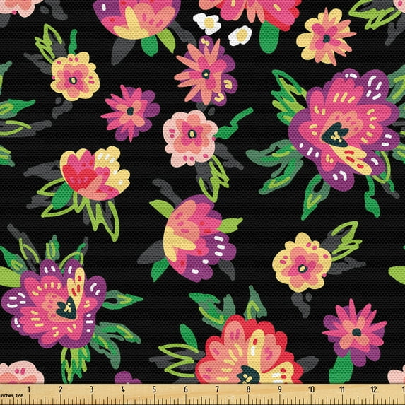 Ambesonne Floral Inspiration Fabric by the Yard, Colorful Garden, 5 Yards, Coral Purple Multicolor