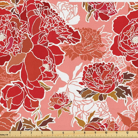 Ambesonne Floral Inspiration Fabric by the Yard Upholstery, Flowers Ambrosia, 10 Yards, Ruby Dark Salmon Salmon
