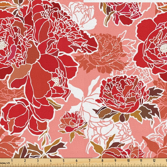 Ambesonne Floral Inspiration Fabric by the Yard Upholstery, Flowers Ambrosia, 2 Yards, Ruby Dark Salmon Salmon