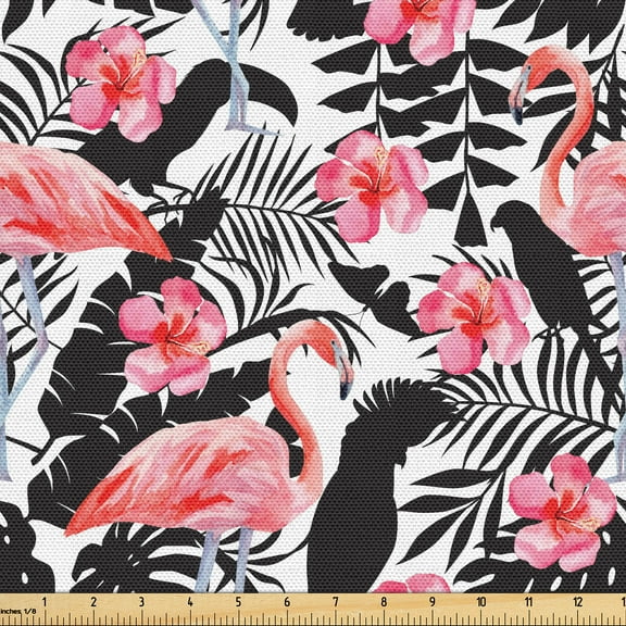 Ambesonne Floral Inspiration Fabric by the Yard Upholstery, Tropical Beauty, 5 Yards, Coral White Charcoal Grey