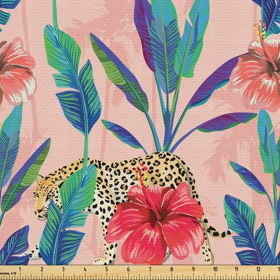 Ambesonne Floral Inspiration Fabric by the Yard Upholstery, Tropical Nature, 3 Yards, Blush Sea Blue Multicolor