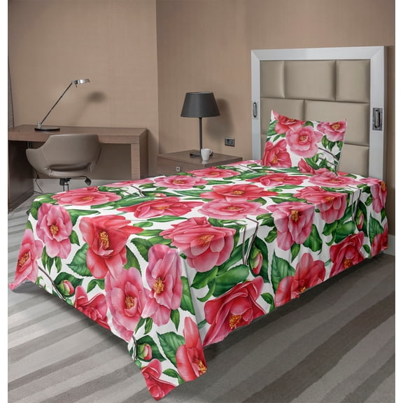 Ambesonne Floral Inspiration Fitted & Flat Sheet with Sham 3 Pcs Set, Camellias Bloom, Twin, Dark Coral Green White