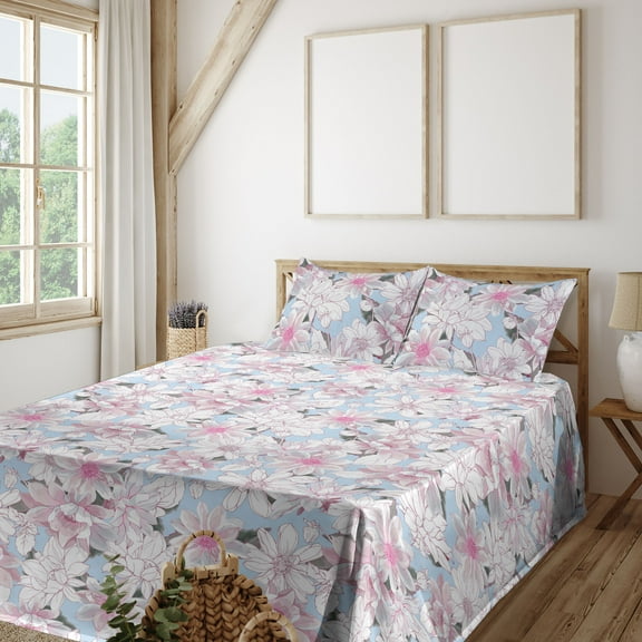 Ambesonne Floral Inspiration Fitted & Flat Sheet with Shams 4 Pcs Set, Dahlias Paradise, King, Off White Pink Soft Blue