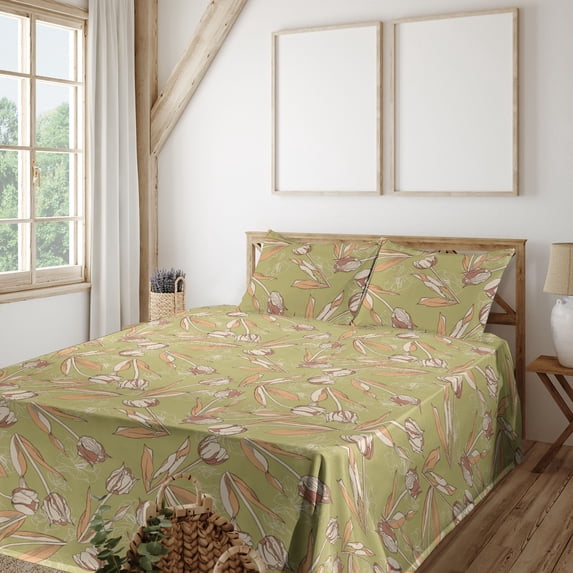 Ambesonne Floral Inspiration Fitted & Flat Sheet with Shams 4 Pcs Set, Dried Tulips Art, Full, Khaki Pale Tan Peach
