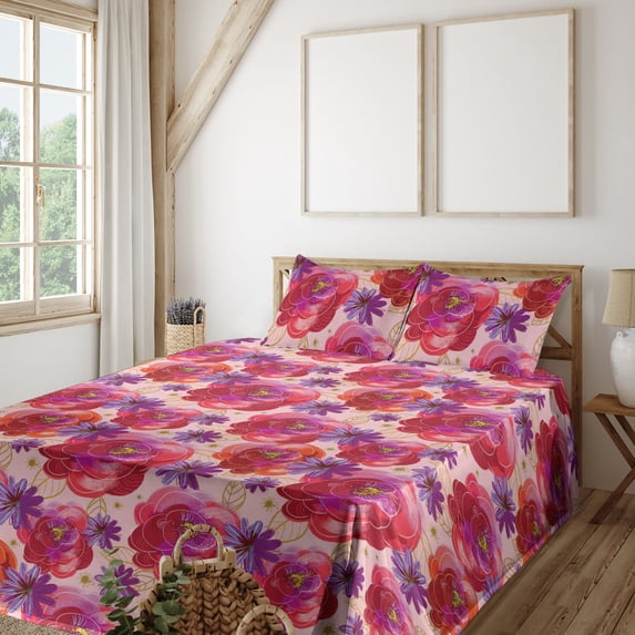 Ambesonne Floral Inspiration Fitted & Flat Sheet with Shams 4 Pcs Set, Exotic Garden, Queen, Paprika Purple Rose