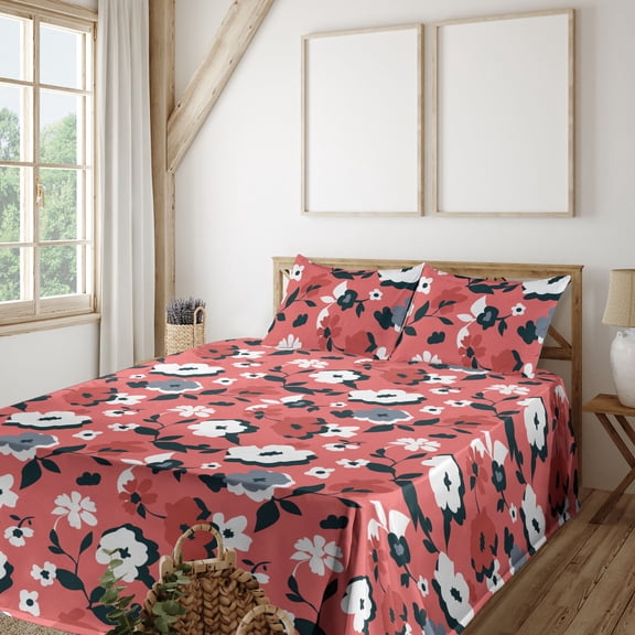 Ambesonne Floral Inspiration Fitted & Flat Sheet with Shams 4 Pcs Set, Flowers and Fun, Queen, Coral Taupe Grey White
