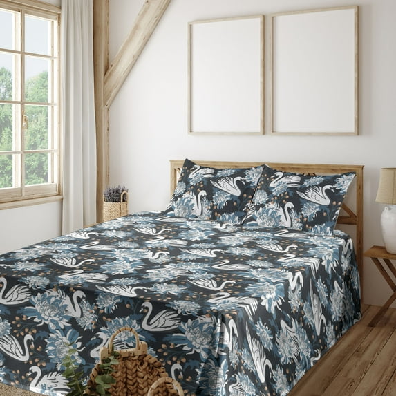 Ambesonne Floral Inspiration Fitted & Flat Sheet with Shams 4 Pcs Set, Flowers and Swan, Queen, Tan Slate Blue and White