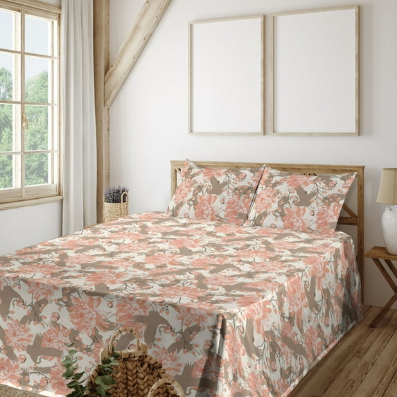 Ambesonne Floral Inspiration Fitted & Flat Sheet with Shams 4 Pcs Set, Japanese Theme, Full, Salmon Dark Tan Eggshell