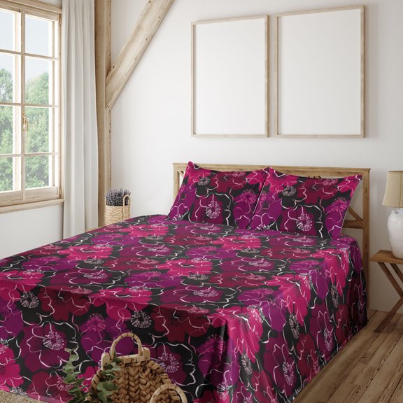 Ambesonne Floral Inspiration Fitted & Flat Sheet with Shams 4 Pcs Set, Night Seduction, Full, Raspberry Magenta and Black