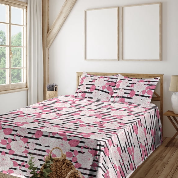 Ambesonne Floral Inspiration Fitted & Flat Sheet with Shams 4 Pcs Set, Roses on Stripes, King, Pastel Pink White Black