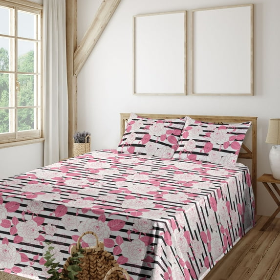 Ambesonne Floral Inspiration Fitted & Flat Sheet with Shams 4 Pcs Set, Roses on Stripes, Queen, Pastel Pink White Black