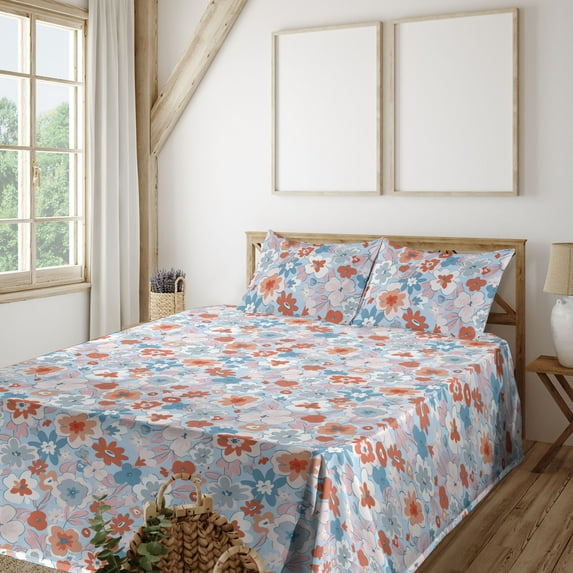 Ambesonne Floral Inspiration Fitted & Flat Sheet with Shams 4 Pcs Set, Spring Festival, Queen, Cinnamon Soft Blue Blush