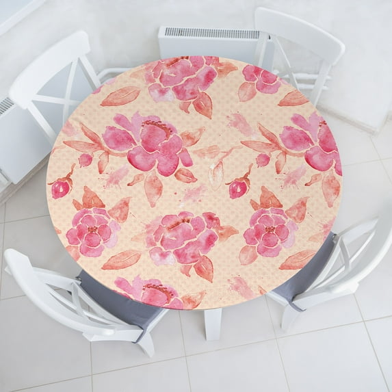 Ambesonne Floral Inspiration Fitted Round Tablecloth, Aquarelle Love, 40"- 44" Diameter, Pale Pink Blush and Champagne
