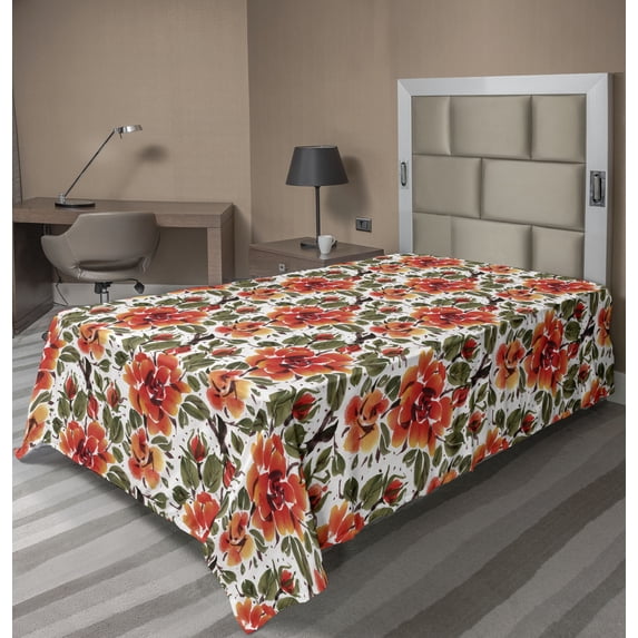 Ambesonne Floral Inspiration Flat Bedding Sheet Soft Top Sheet, Bloomed Garden, Twin XL, Burnt Sienna Sage Green