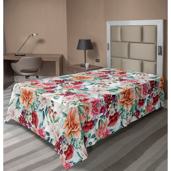 Ambesonne Floral Inspiration Flat Bedding Sheet Soft Top Sheet, Blooming Garden, Twin, Pale Eggshell Multicolor