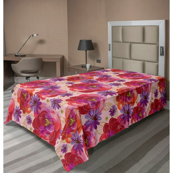 Ambesonne Floral Inspiration Flat Bedding Sheet Soft Top Sheet, Exotic Garden, Twin, Paprika Purple Rose