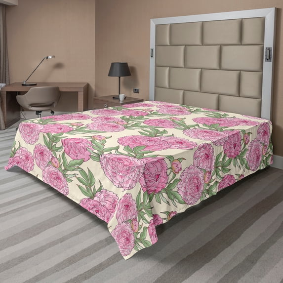 Ambesonne Floral Inspiration Flat Bedding Sheet Soft Top Sheet, Peonies in Bloom, Full, Pink Pale Green Eggshell