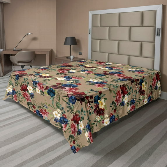 Ambesonne Floral Inspiration Flat Bedding Sheet Soft Top Sheet, Posy of Blooms, California King, Maroon Dark Tan Navy Blue