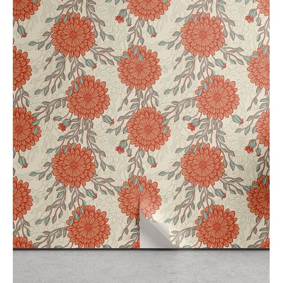 Ambesonne Floral Inspiration Peel & Stick Wallpaper for Home, Blossom Bliss, 13"x36", Salmon Seafoam Eggshell