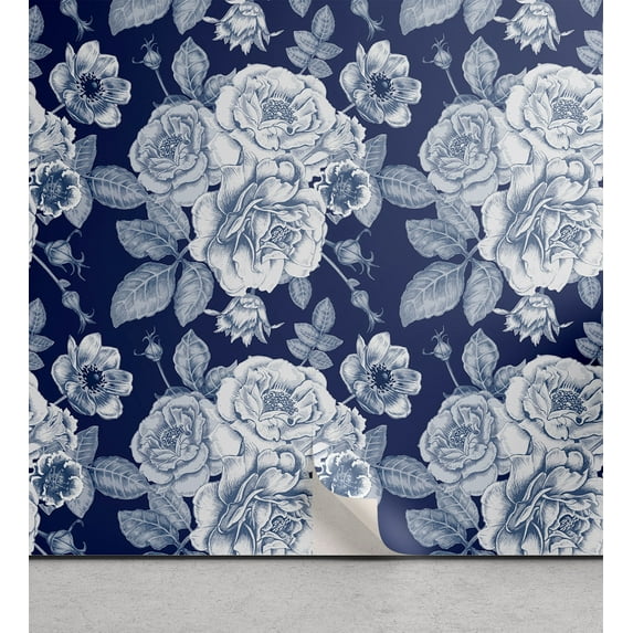 Ambesonne Floral Inspiration Peel & Stick Wallpaper for Home, Bouquet of Roses, 13"x100", Night Blue Off White Grey