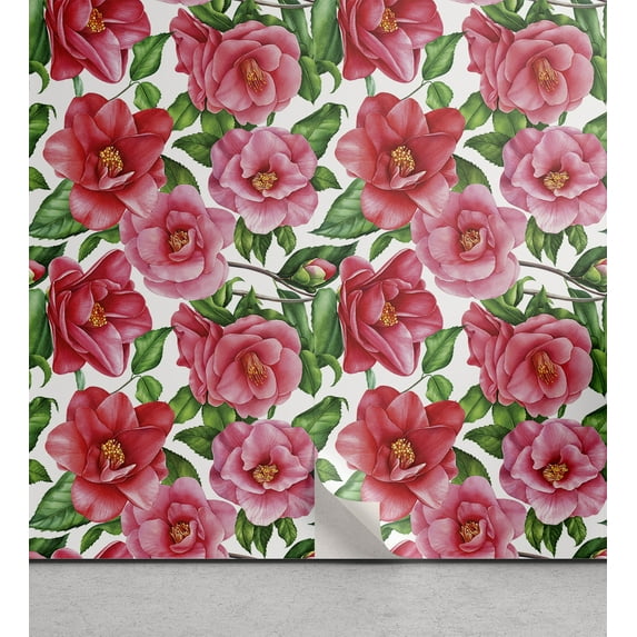 Ambesonne Floral Inspiration Peel & Stick Wallpaper for Home, Camellias Bloom, 13"x36", Dark Coral Green White