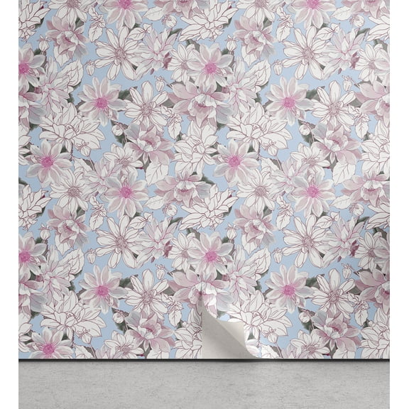 Ambesonne Floral Inspiration Peel & Stick Wallpaper for Home, Dahlias Paradise, 13"x36", Off White Pink Soft Blue