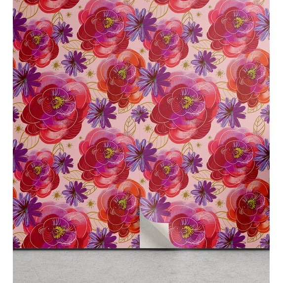 Ambesonne Floral Inspiration Peel & Stick Wallpaper for Home, Exotic Garden, 13"x36", Paprika Purple Rose