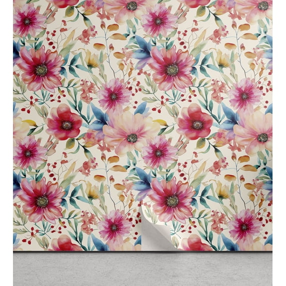 Ambesonne Floral Inspiration Peel & Stick Wallpaper for Home, Gorgeous Bloom, 13"x36", Rose Eggshell and Multicolor