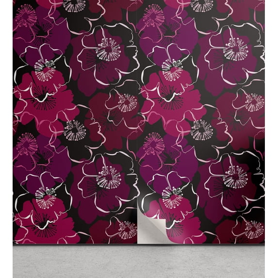 Ambesonne Floral Inspiration Peel & Stick Wallpaper for Home, Night Seduction, 13"x72", Raspberry Magenta and Black