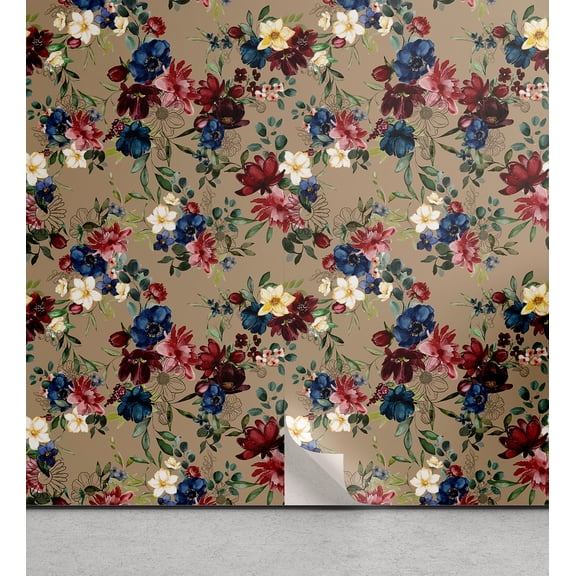 Ambesonne Floral Inspiration Peel & Stick Wallpaper for Home, Posy of Blooms, 13"x36", Maroon Dark Tan Navy Blue