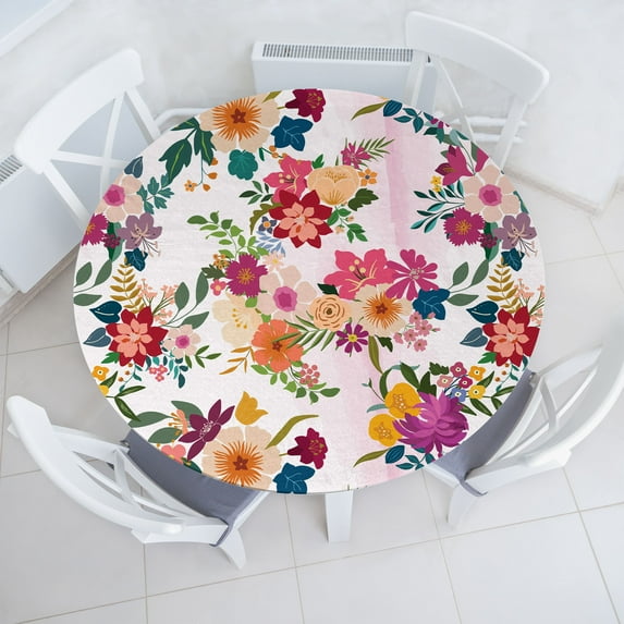 Ambesonne Floral Isnpiration Fitted Round Tablecloth, Spring Bouquet, 40"- 44" Diameter, Beige Maroon and Multicolor