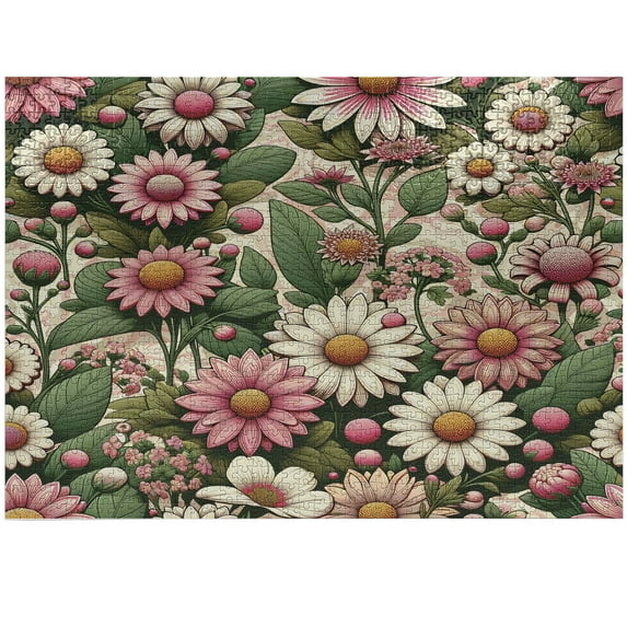 Ambesonne Floral Jigsaw Puzzle, 70s Groovy Nature Flowers, Heirloom-Quality Fun Activity for Family Durable Cardboard, 1000 pcs, Reseda Green and Pink