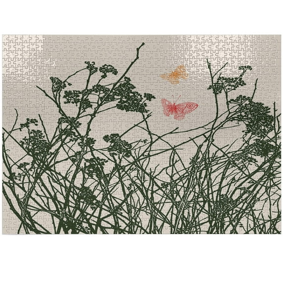 Ambesonne Floral Jigsaw Puzzle Durable Cardboard, Butterflies Herbs Drawing, 1000 pcs, Pale Eggshell Emerald