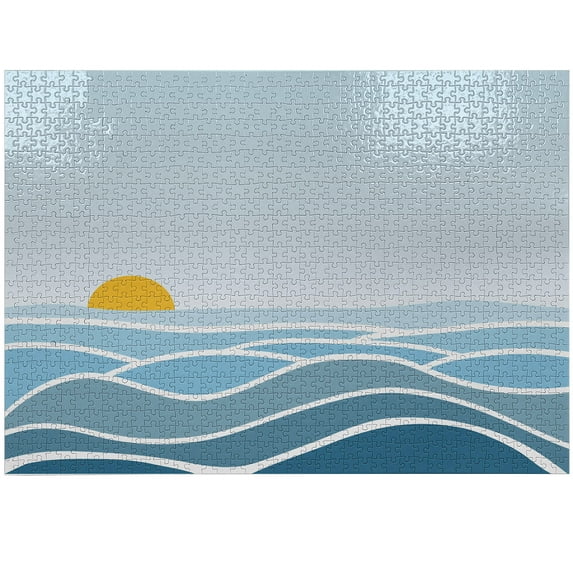 Ambesonne Floral Jigsaw Puzzle Durable Cardboard, Open Sea Waves Sunshine Art, 1000 pcs, Orange Sky Blue