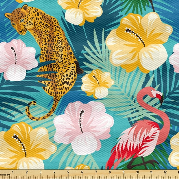 Ambesonne Floral Jungle Fabric by the Yard Upholstery, Leopard and Flamingo, 5 Yards, Turquoise Multicolor