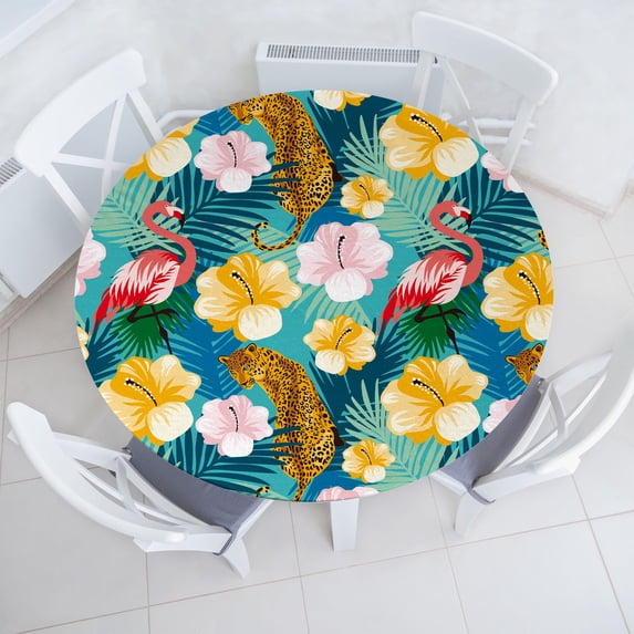 Ambesonne Floral Jungle Fitted Round Tablecloth, Leopard and Flamingo, 40"- 44" Diameter, Turquoise Multicolor