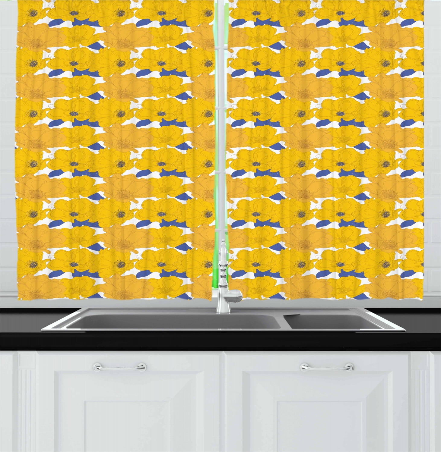 Abstract Blue and Yellow Floral Polyester Kitchen Curtains