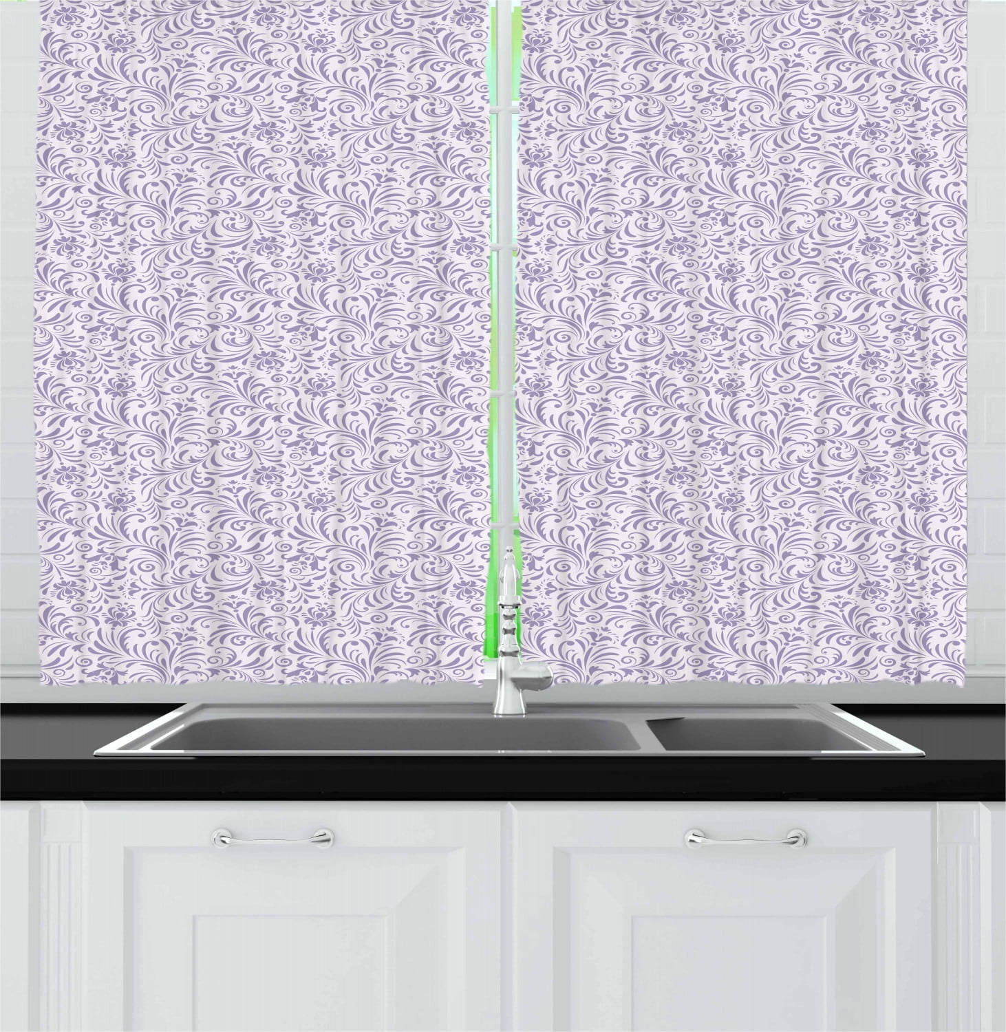 Ambesonne Floral Kitchen Curtains, Abstract Curly Foliage, 55"x39 ...
