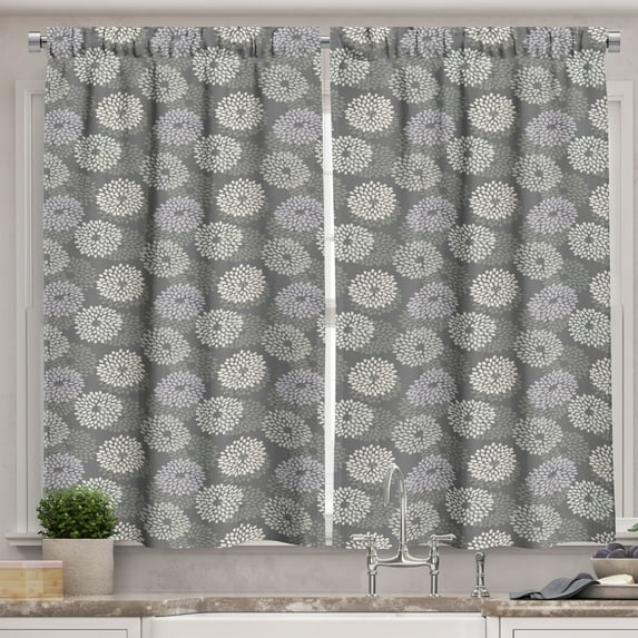 Ambesonne Floral Kitchen Curtains, Abstract Dahlia Flowers, 55"x39", Grey Dimgrey and Coconut